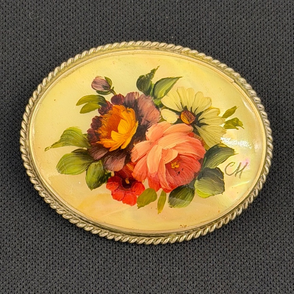 Vintage Hand Painted‎ Floral Brooch Reverse Painted Glass Gold Tone Frame